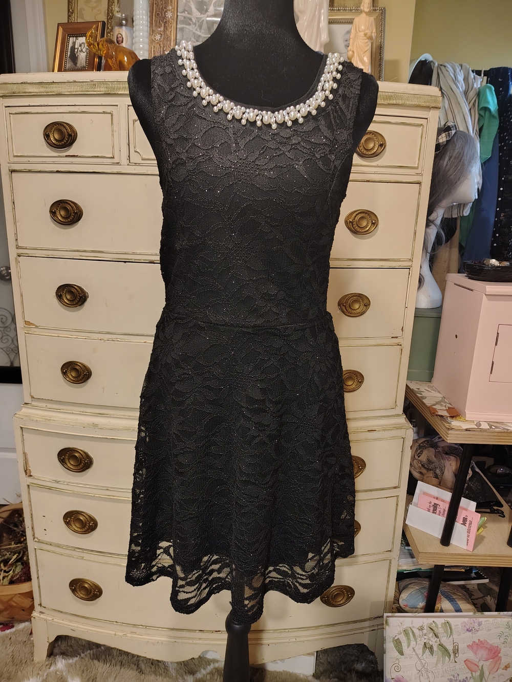Deb Black Lace Mini Dress with Pearl Neckline